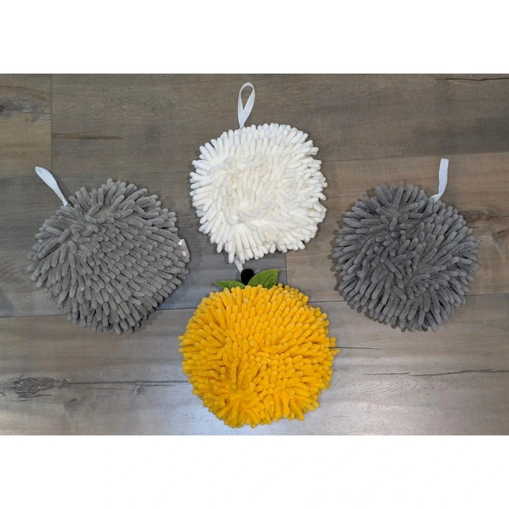 Set of 4 Chenille Microfiber Hanging Hand Towels|Lemon & Gray/White Round Towels